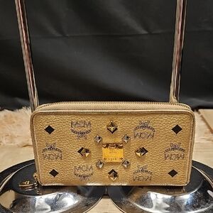 MCM Tan Visetos Logo Zip Wallet with Gold Stud Details